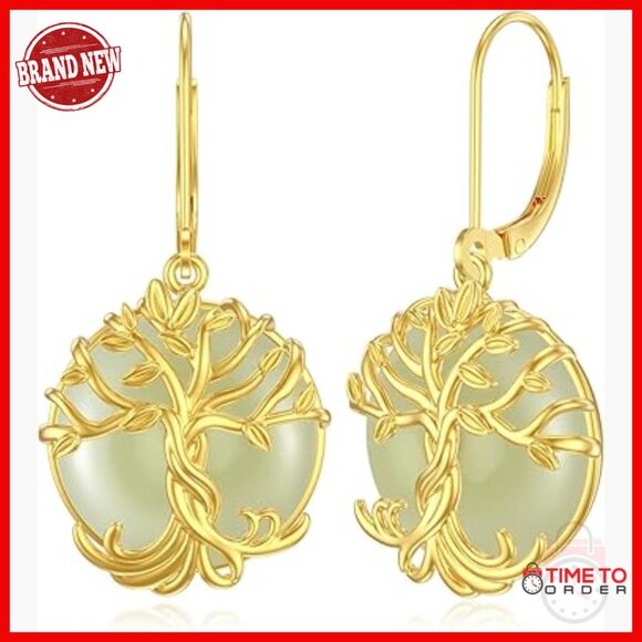 14k Gold Plated Sterling Silver Jade Drop Earrings Leverback Good Fortune